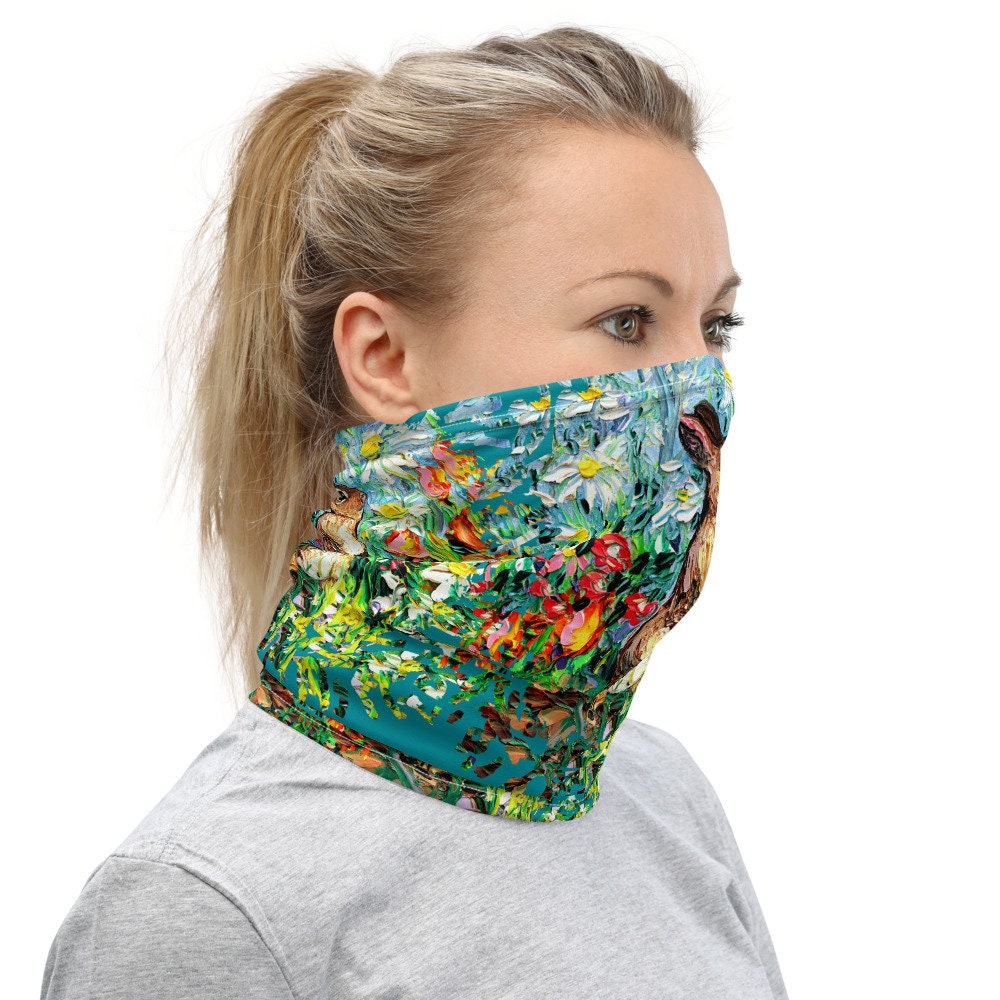 Bunny Rabbit Garden Flowers Face Mask Face Shield Washable Reusable Mask Neck Gaiter Headband Spring Art by Aja