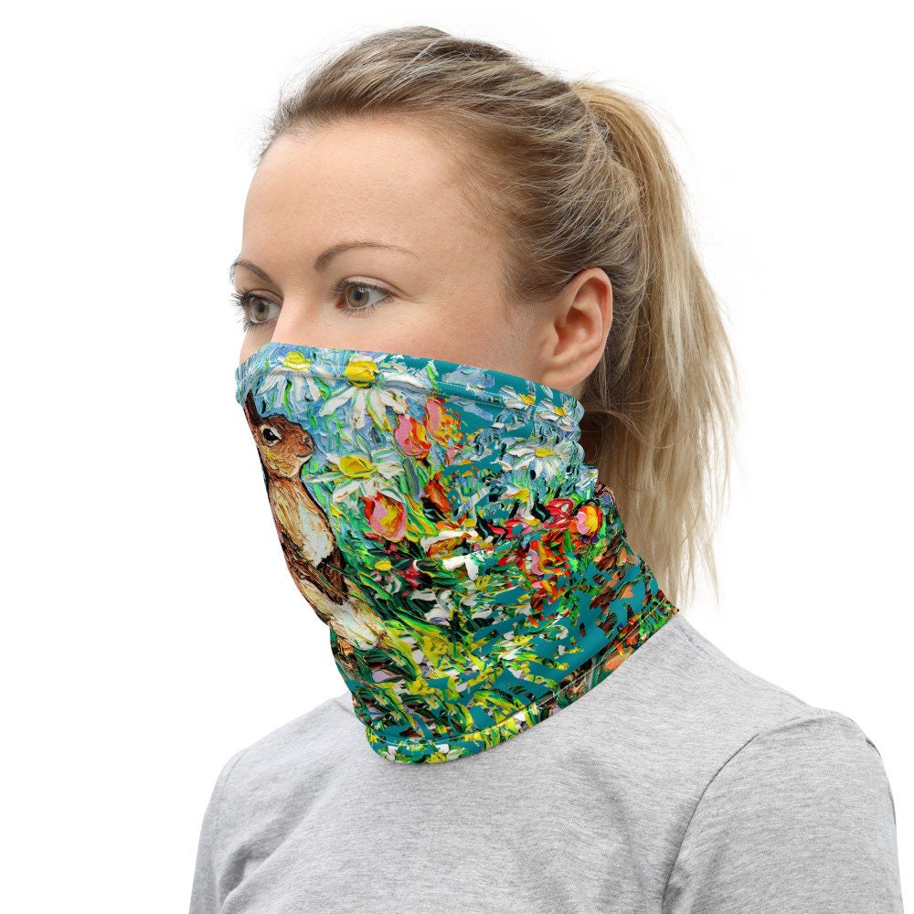 Bunny Rabbit Garden Flowers Face Mask Face Shield Washable Reusable Mask Neck Gaiter Headband Spring Art by Aja