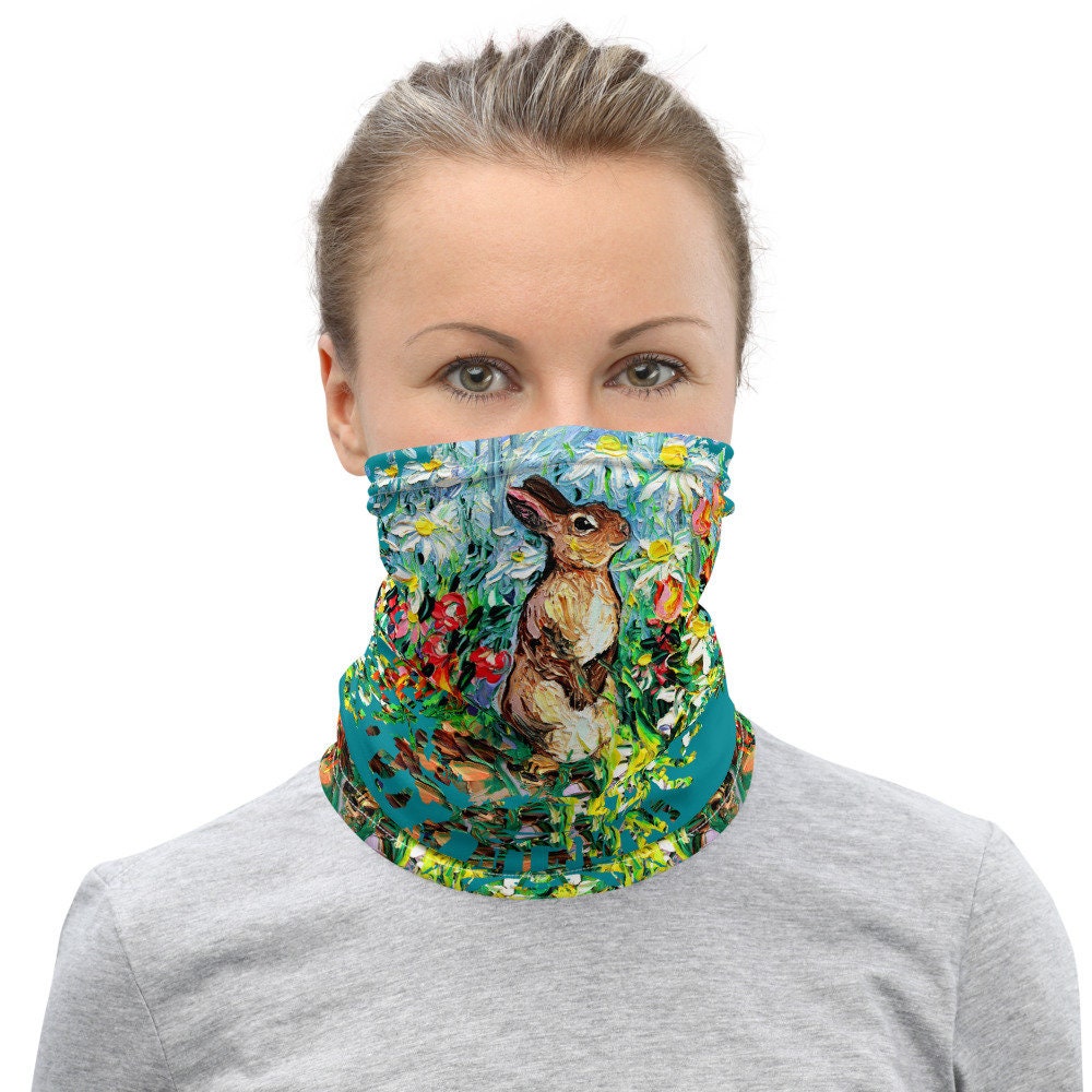 Bunny Rabbit Garden Flowers Face Mask Face Shield Washable Reusable Mask Neck Gaiter Headband Spring Art by Aja