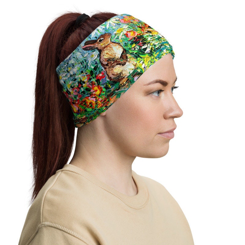 Bunny Rabbit Garden Flowers Face Mask Face Shield Washable Reusable Mask Neck Gaiter Headband Spring Art by Aja