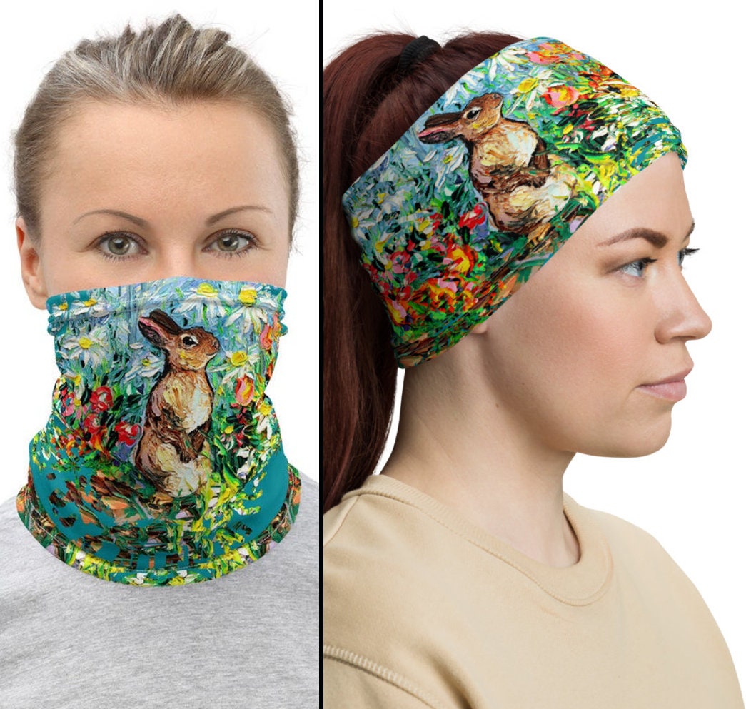 Bunny Rabbit Garden Flowers Face Mask Face Shield Washable Reusable Mask Neck Gaiter Headband Spring Art by Aja