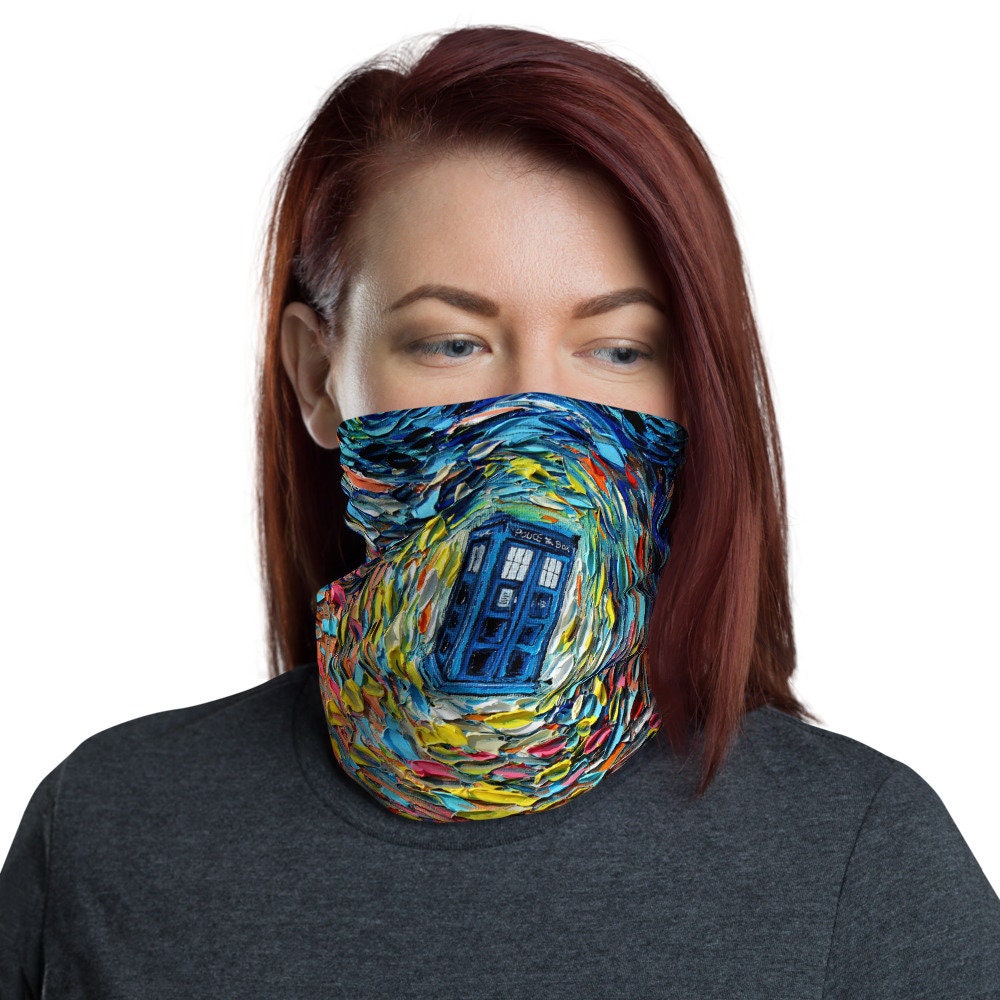 Blue Tardis Art Dr Who Face Shield Washable Reusable Mask Neck Gaiter Headband Buff Balaclava Art by Aja