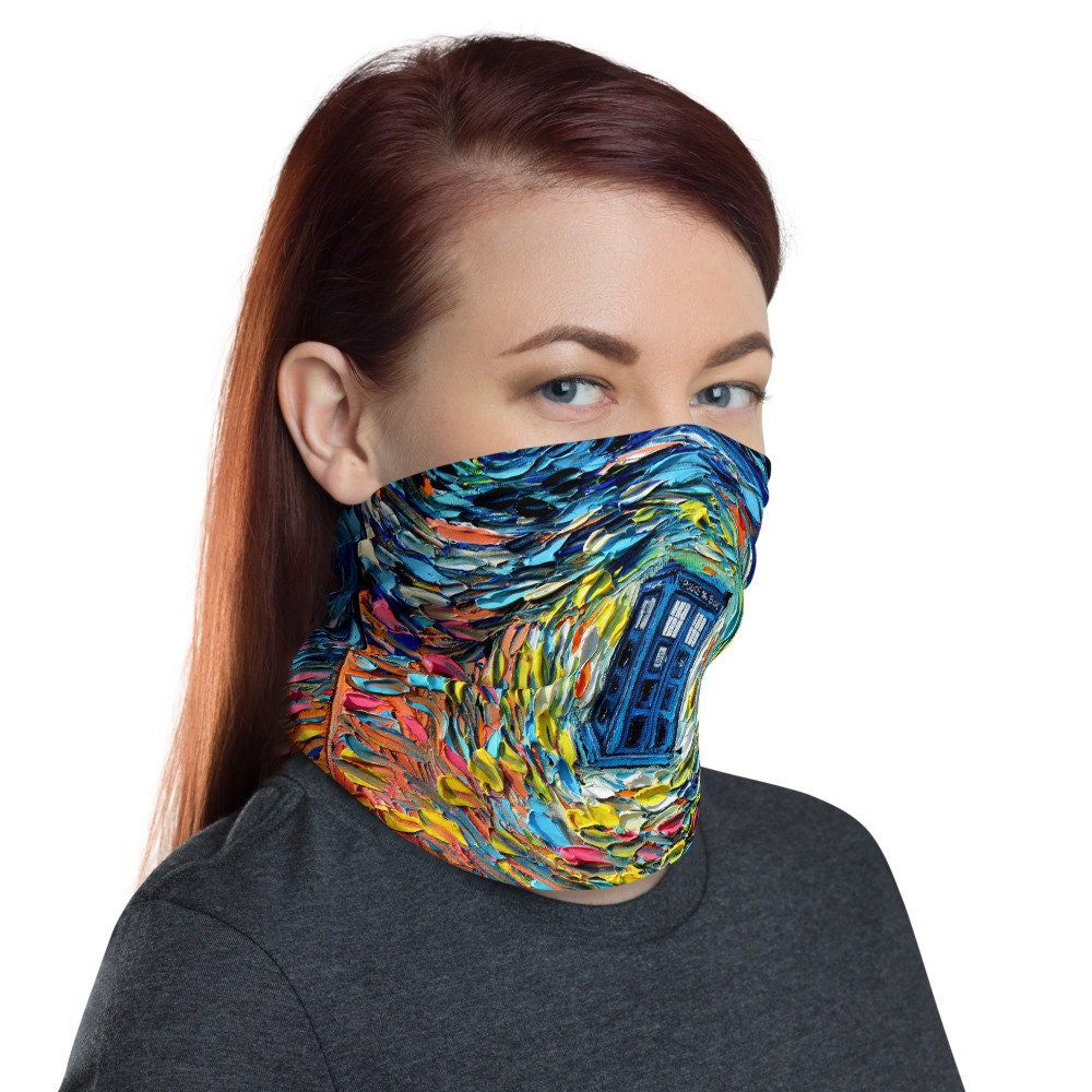Blue Tardis Art Dr Who Face Shield Washable Reusable Mask Neck Gaiter Headband Buff Balaclava Art by Aja