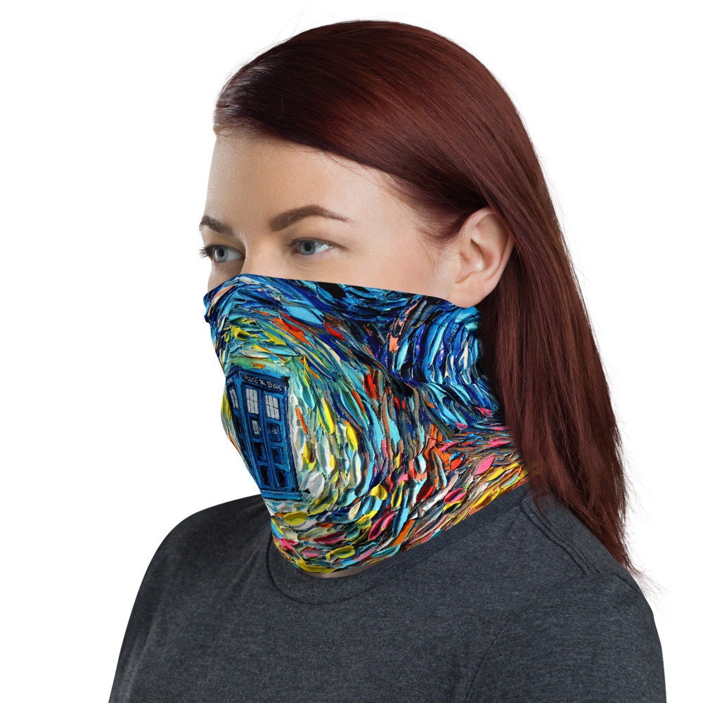 Blue Tardis Art Dr Who Face Shield Washable Reusable Mask Neck Gaiter Headband Buff Balaclava Art by Aja