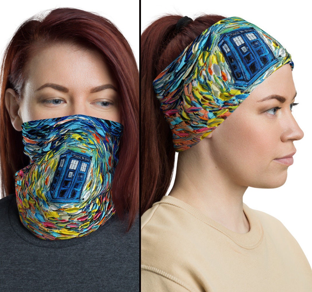Blue Tardis Art Dr Who Face Shield Washable Reusable Mask Neck Gaiter Headband Buff Balaclava Art by Aja