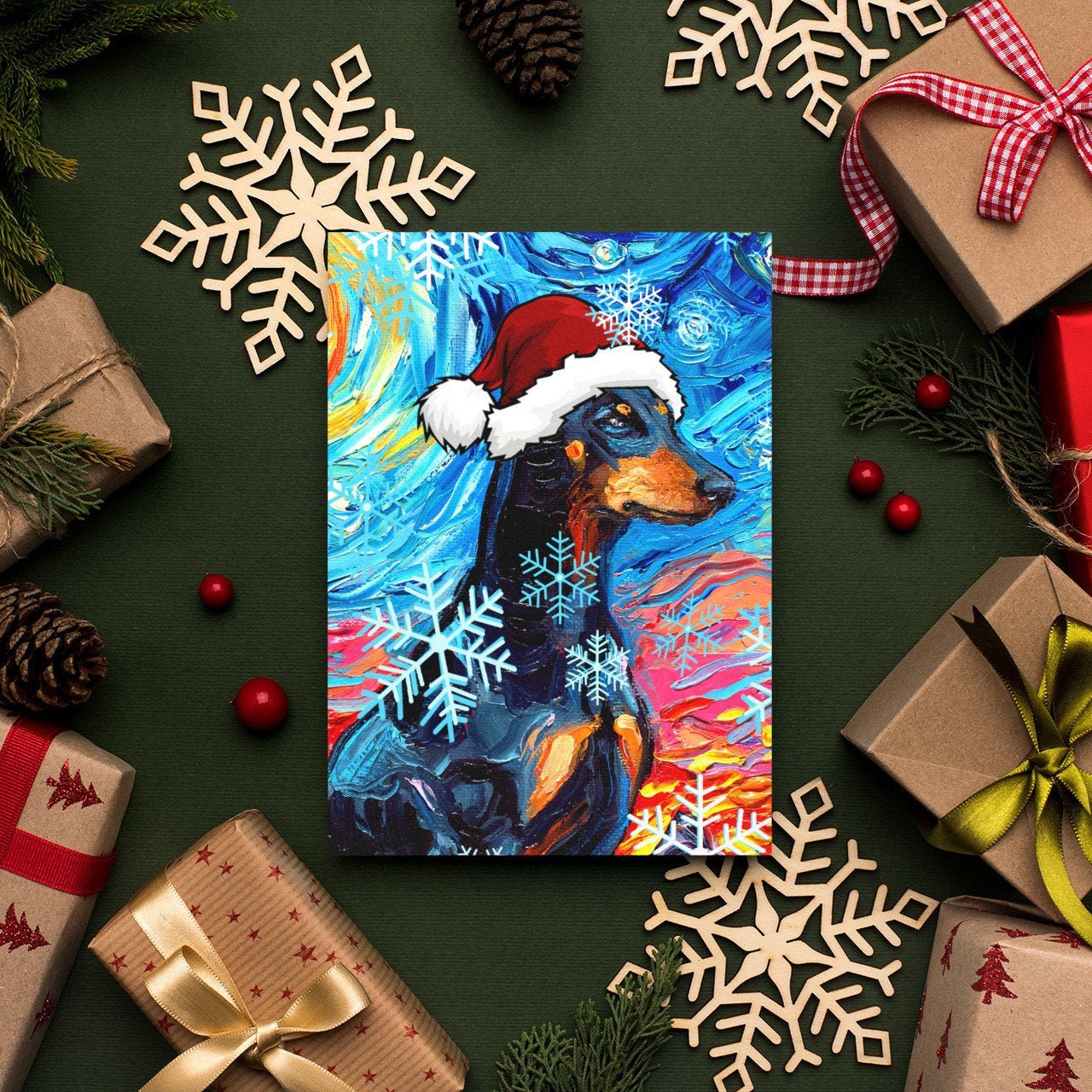 Doberman Pinscher Starry Night Dog Christmas Folded Greeting Cards 4.25x5.5 Inches With Envelopes Holiday Stationary packs of 1510 or 25