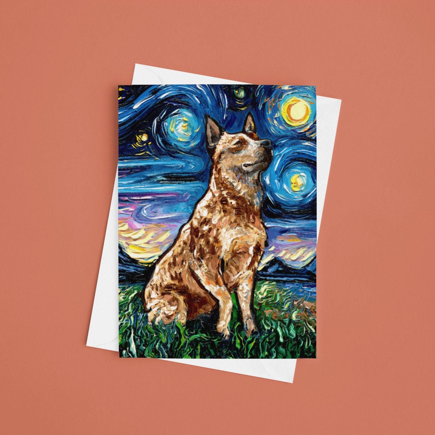Red Heeler Starry Night Greeting Cards Cattle Dog Lover Stationary Folded with Envelopes Dog Mom Thank You Card Sympathy Memorial Card