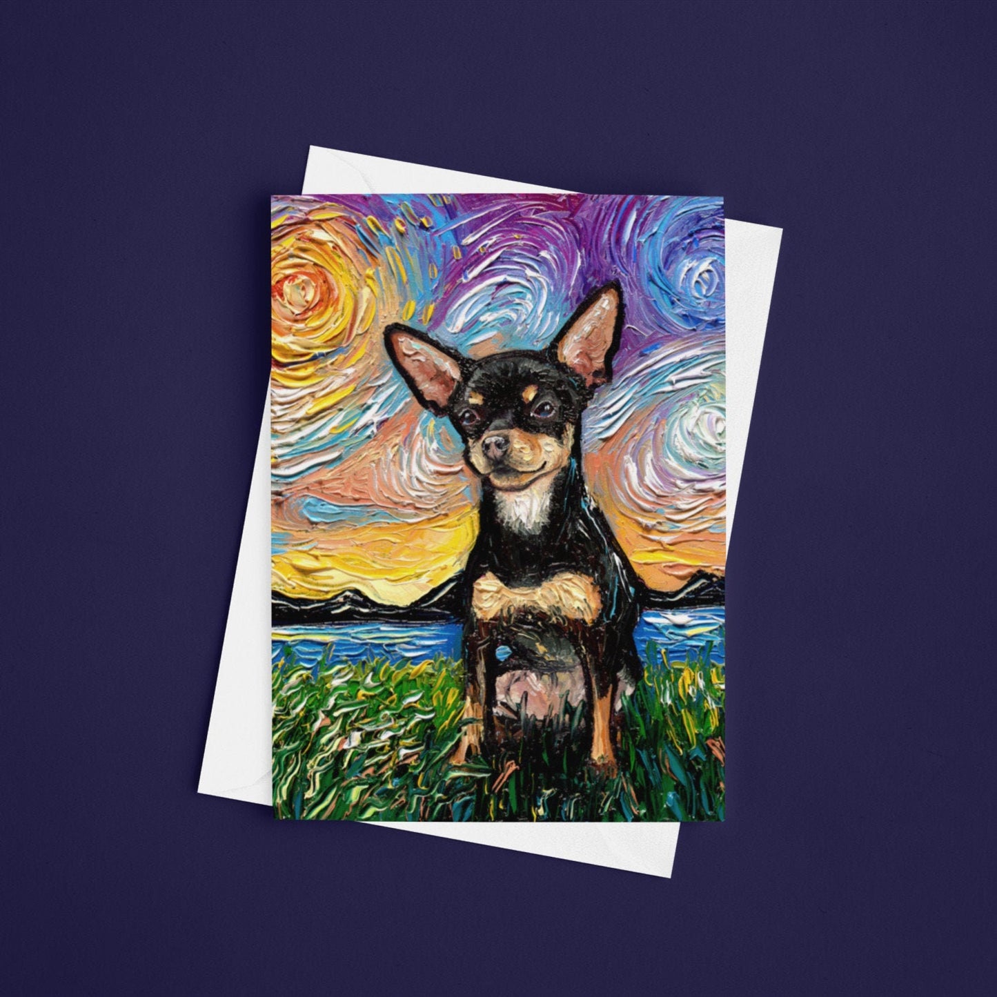 Folded Blank Greeting Cards  Black And Tan Chihuahua Starry Night Dog 4.25x5.5 Inches With Envelopes Stationary Packs Of 1510 Or 25