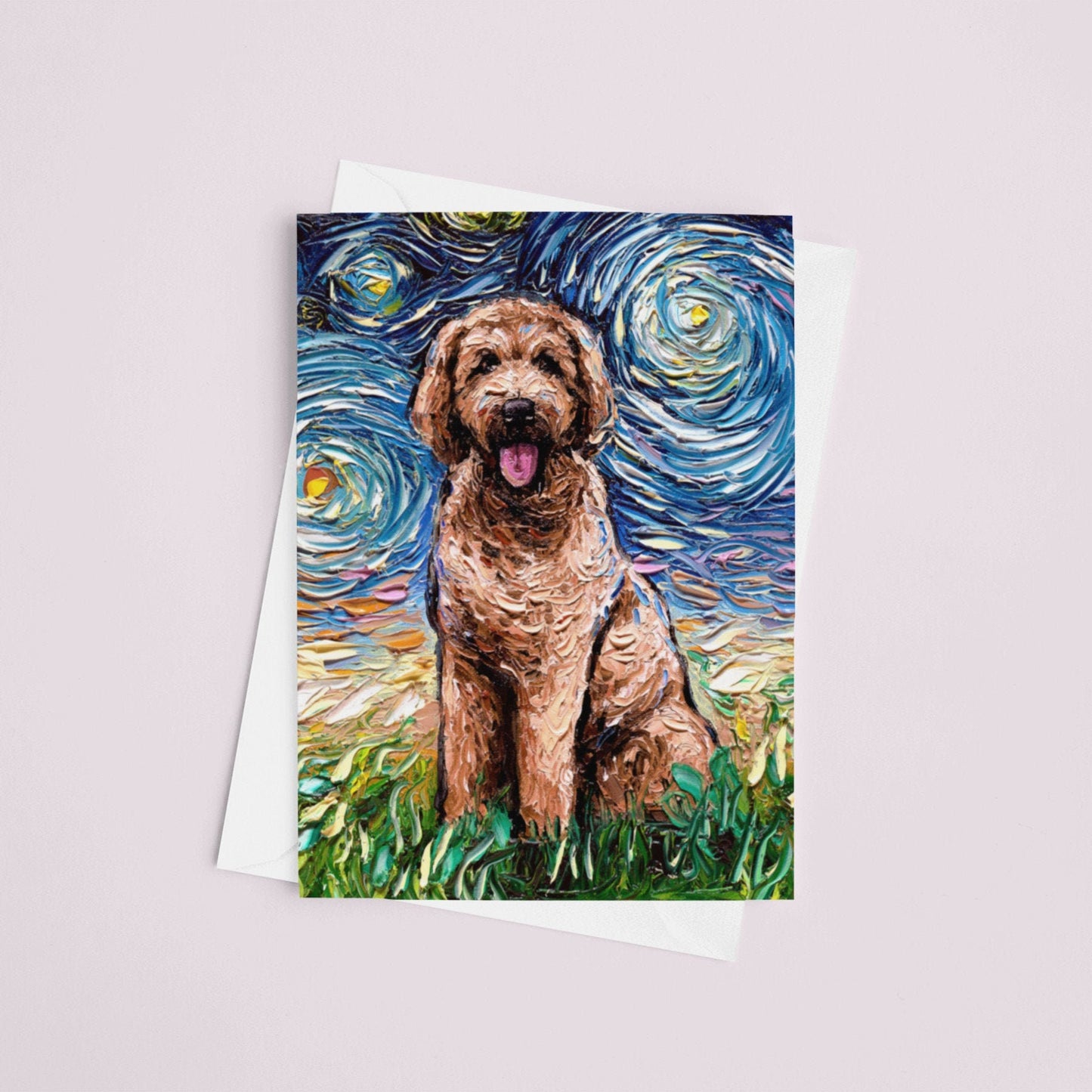 Red Goldendoodle Starry Night Greeting Cards Dog Lover Stationary with Envelopes Dog Mom Thank You Card Sympathy Card Christmas Card