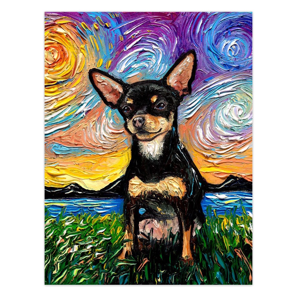 Folded Blank Greeting Cards  Black And Tan Chihuahua Starry Night Dog 4.25x5.5 Inches With Envelopes Stationary Packs Of 1510 Or 25