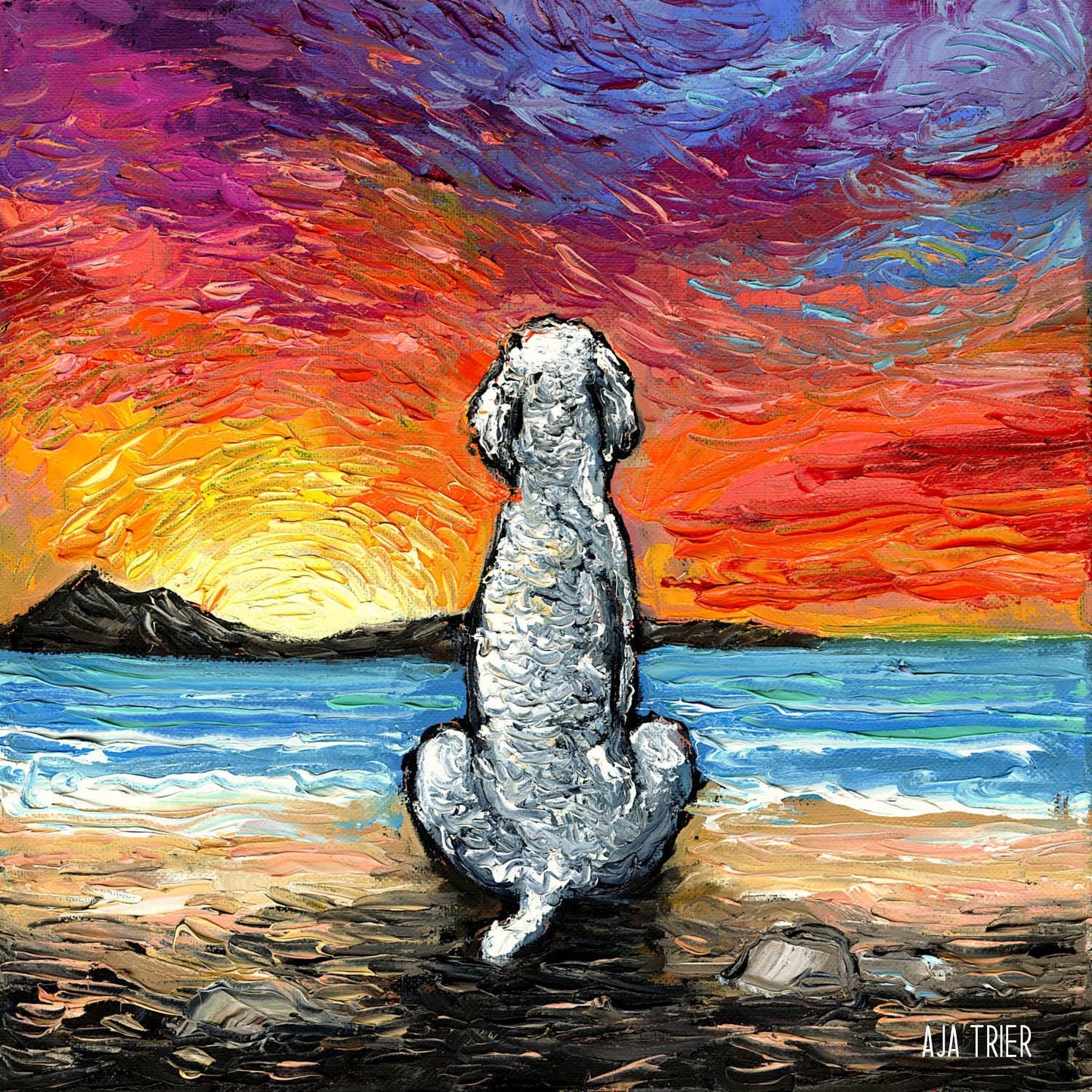 Dog Original Oil Painting on Canvas White Poodle Painting Beach Coastal Decor Ocean Sunset Fine Art Dog Lover Gift Impasto Palette Knife Art