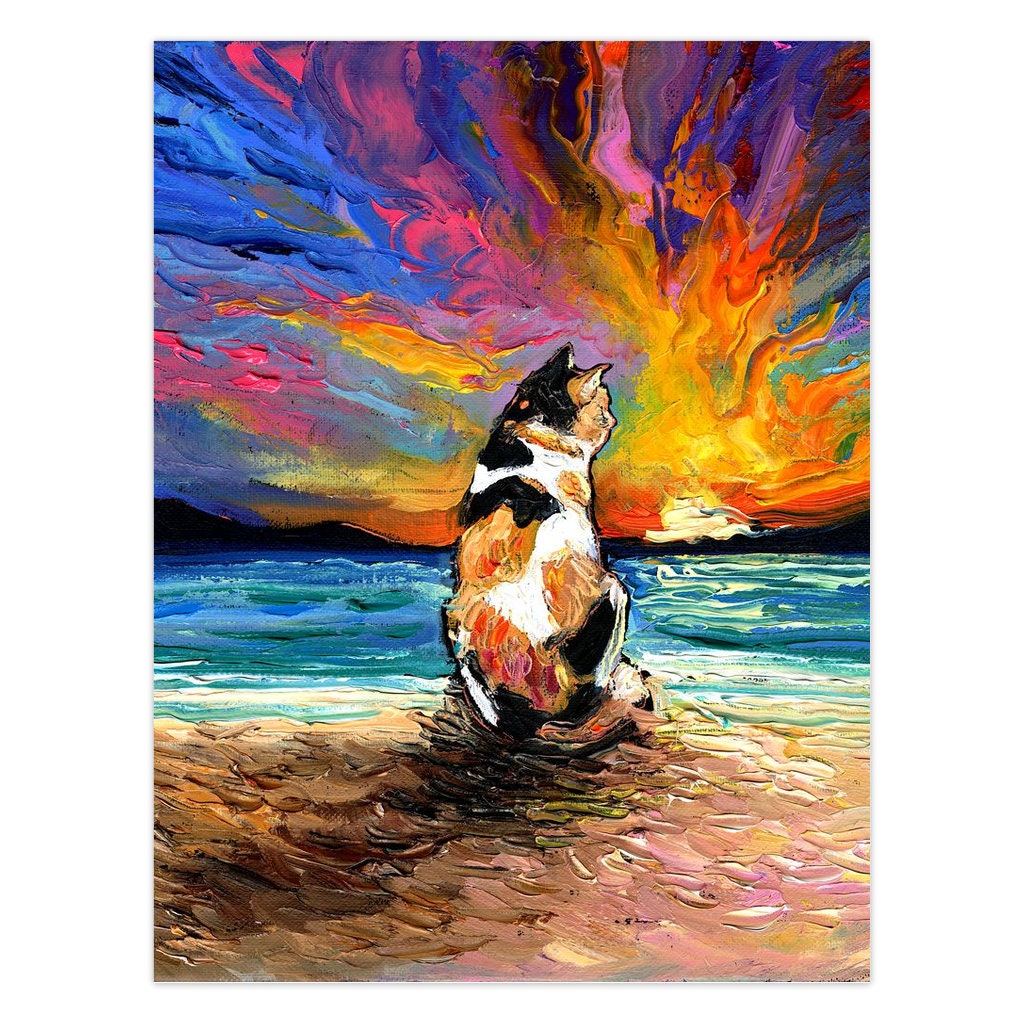 Calico Cat Coastal Beach Greeting Cards Cat Lover Stationary Folded with Envelopes Cat Mom Thank You Card Sympathy Card Christmas Card