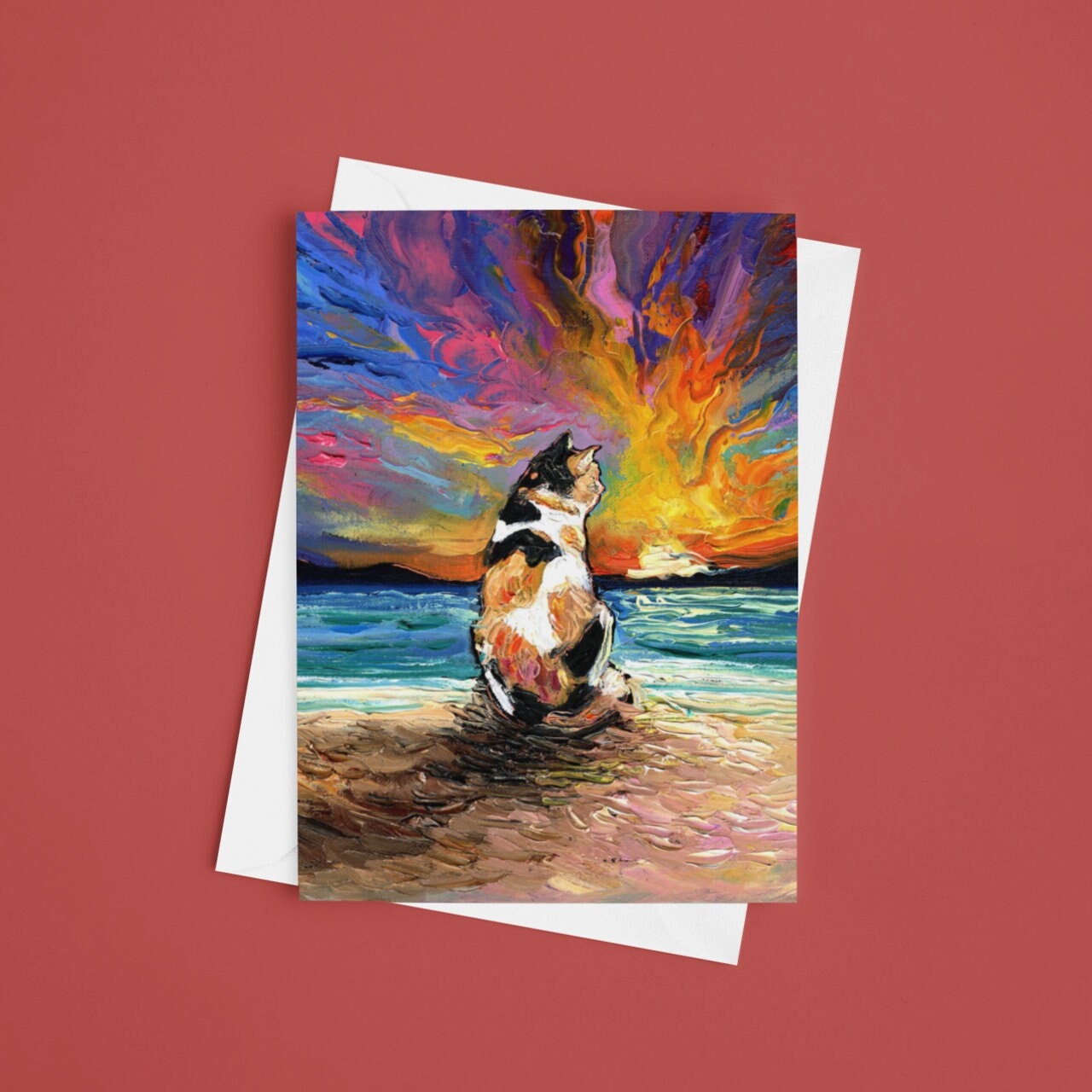 Calico Cat Coastal Beach Greeting Cards Cat Lover Stationary Folded with Envelopes Cat Mom Thank You Card Sympathy Card Christmas Card