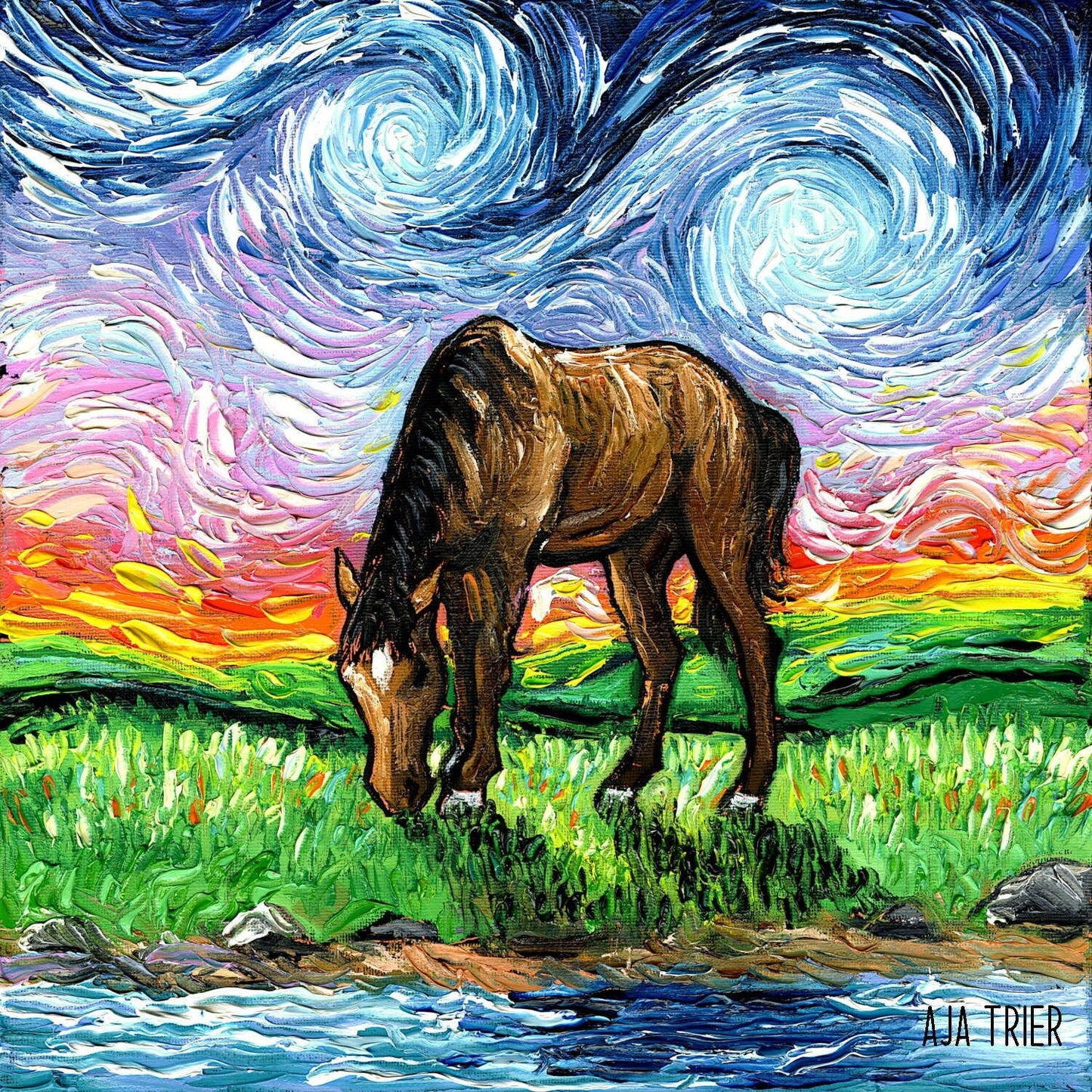 Horse Original Oil Painting on Canvas Meadow Painting Starry Night Horse in Summer Landscape Home Decor Pastoral Fine Art Horse Lover Gift