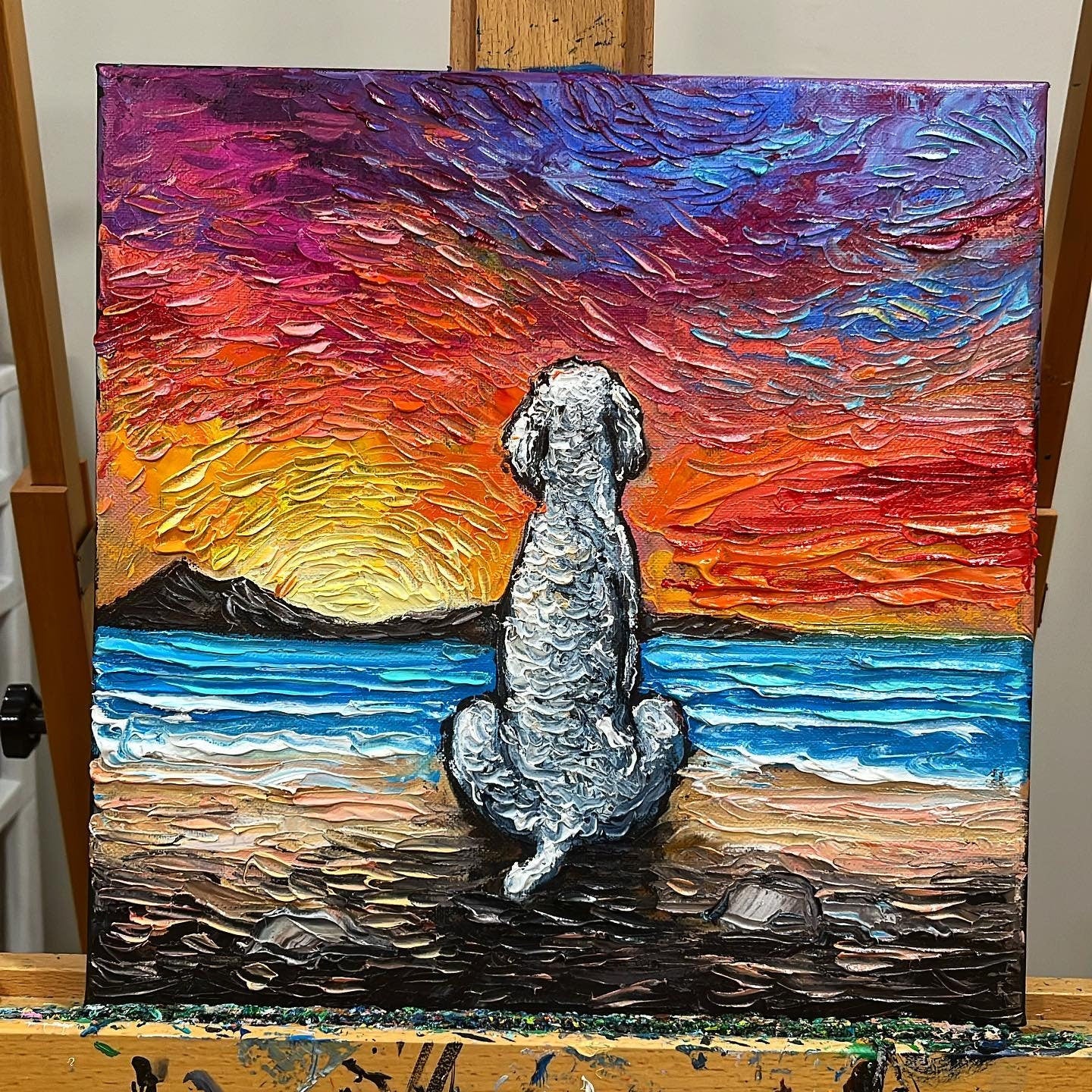Dog Original Oil Painting on Canvas White Poodle Painting Beach Coastal Decor Ocean Sunset Fine Art Dog Lover Gift Impasto Palette Knife Art