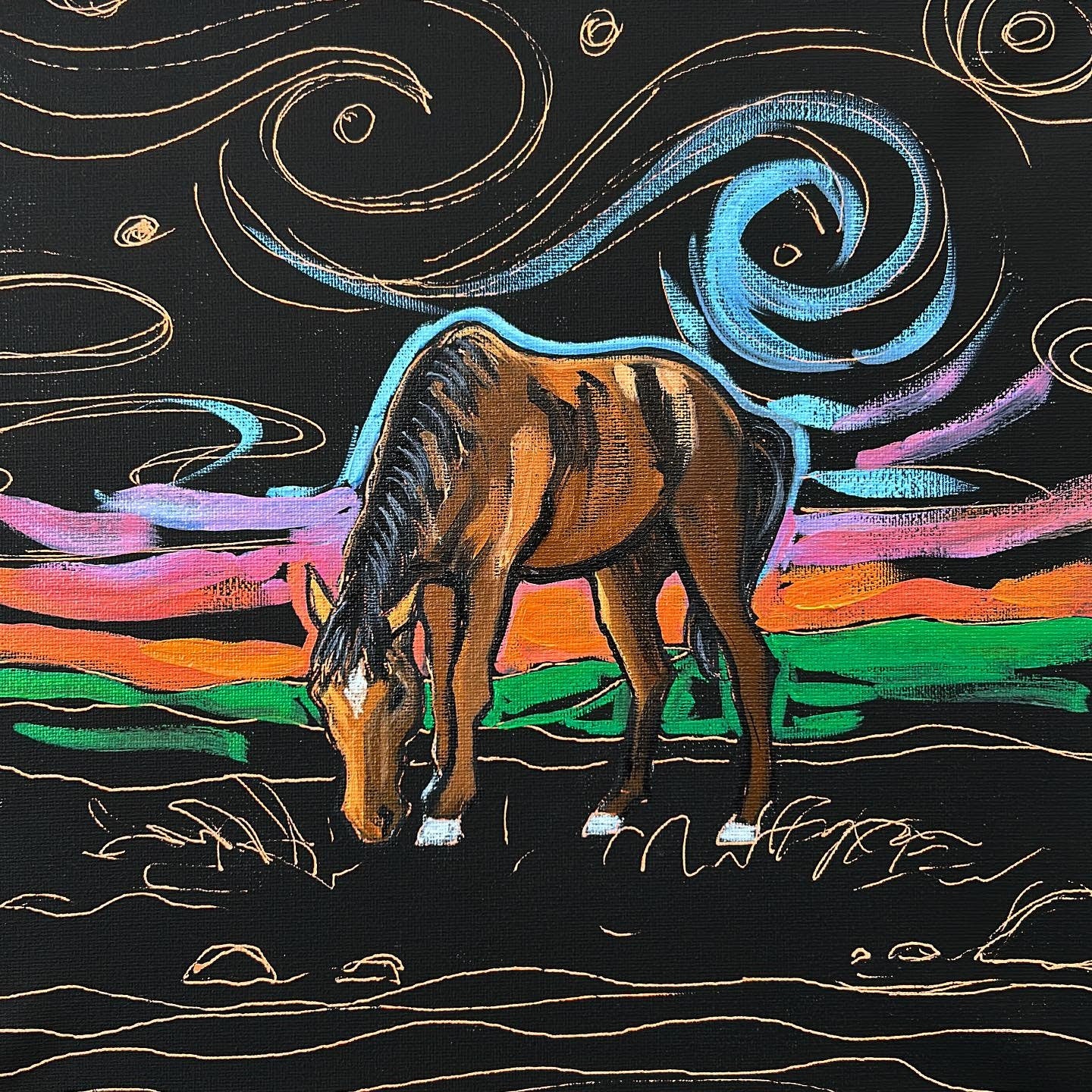 Horse Original Oil Painting on Canvas Meadow Painting Starry Night Horse in Summer Landscape Home Decor Pastoral Fine Art Horse Lover Gift