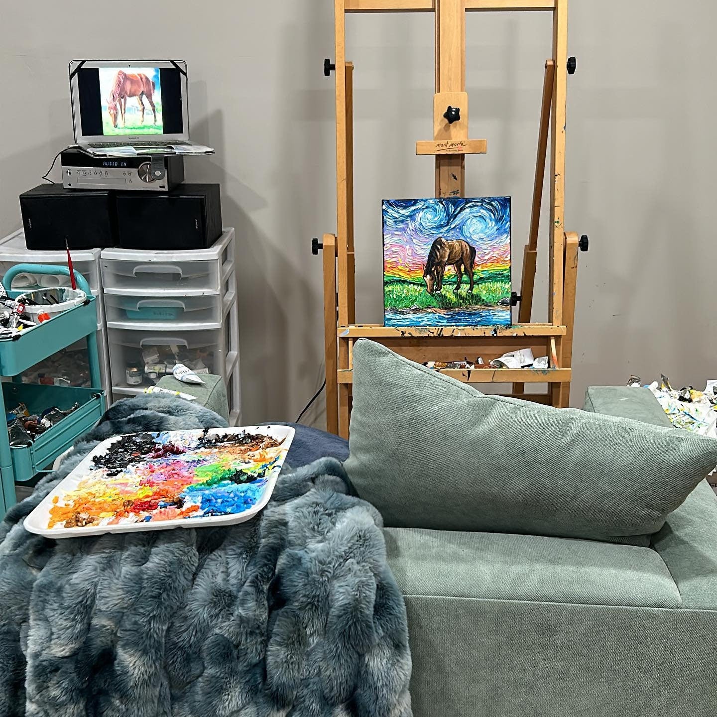 Horse Original Oil Painting on Canvas Meadow Painting Starry Night Horse in Summer Landscape Home Decor Pastoral Fine Art Horse Lover Gift