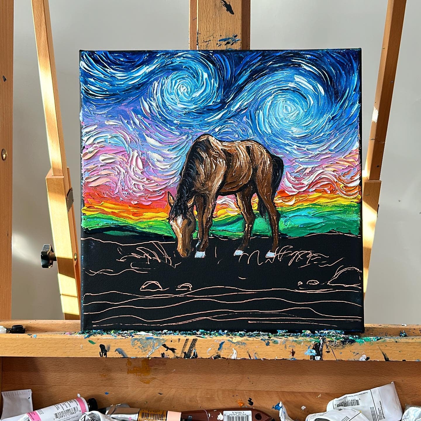 Horse Original Oil Painting on Canvas Meadow Painting Starry Night Horse in Summer Landscape Home Decor Pastoral Fine Art Horse Lover Gift